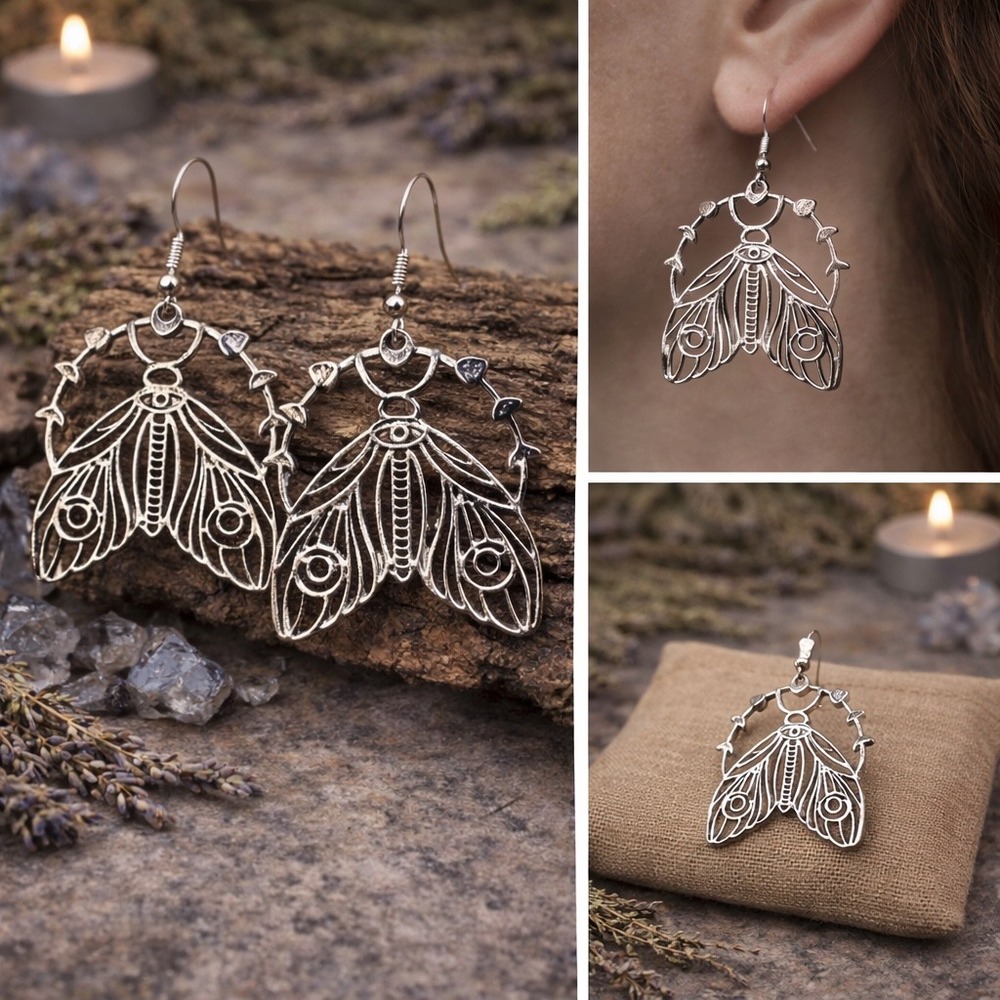Moth Dangle Earrings Witchy Gothic Boho Celestial‎ Statement Jewelry
